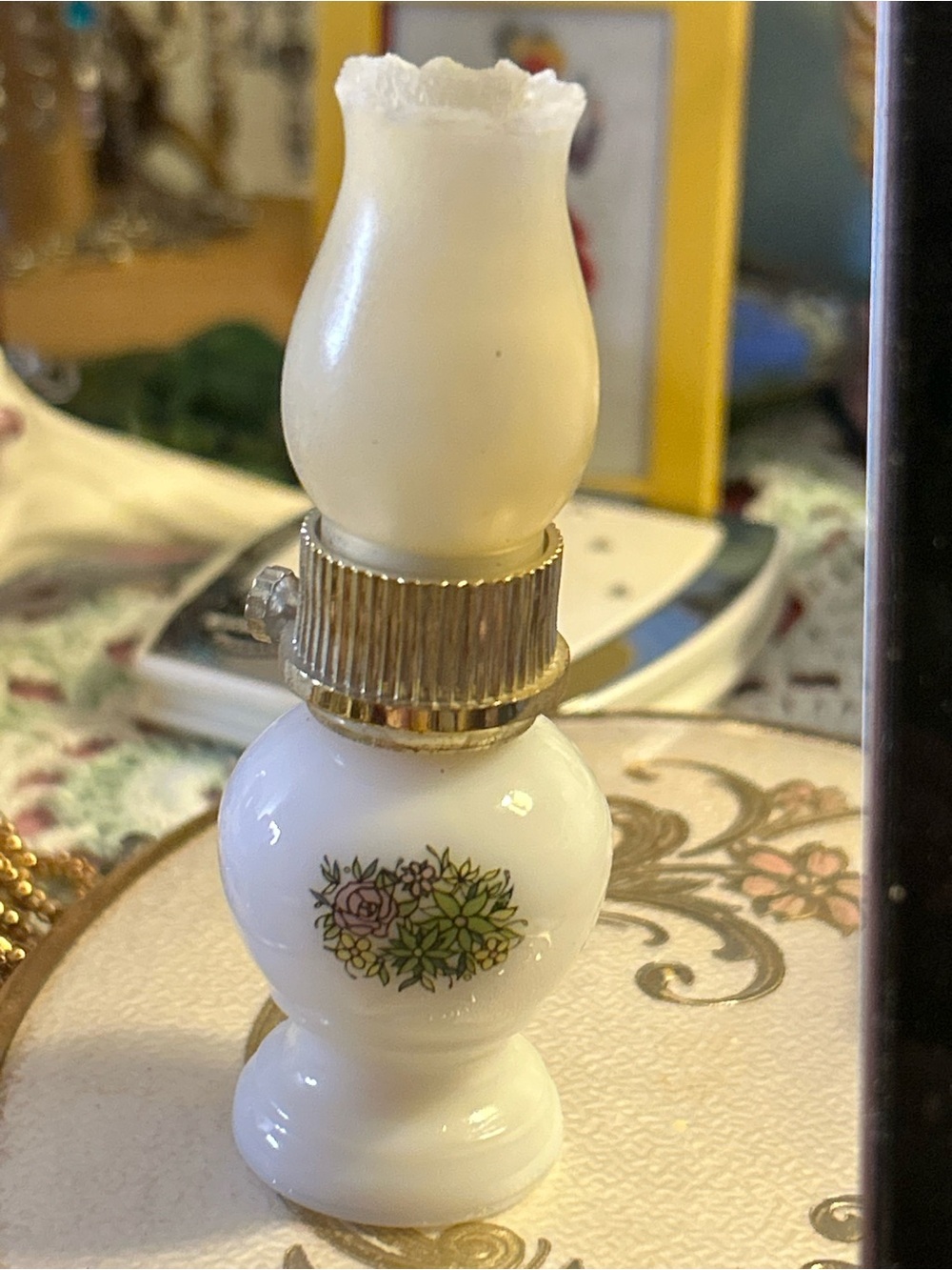 Vintage Avon White Milk Glass Floral Miniature Lamp Accent 1970s mini novelty